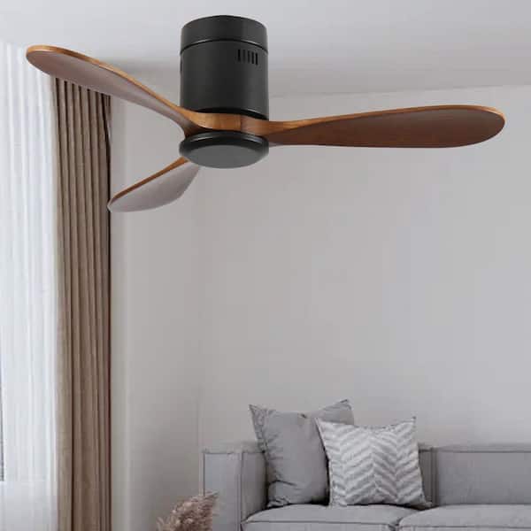 42 in. Black Flush Mount Ceiling Fan Without Light, Solid Wood Blades, Quiet Reversible DC Motor and Remote Control