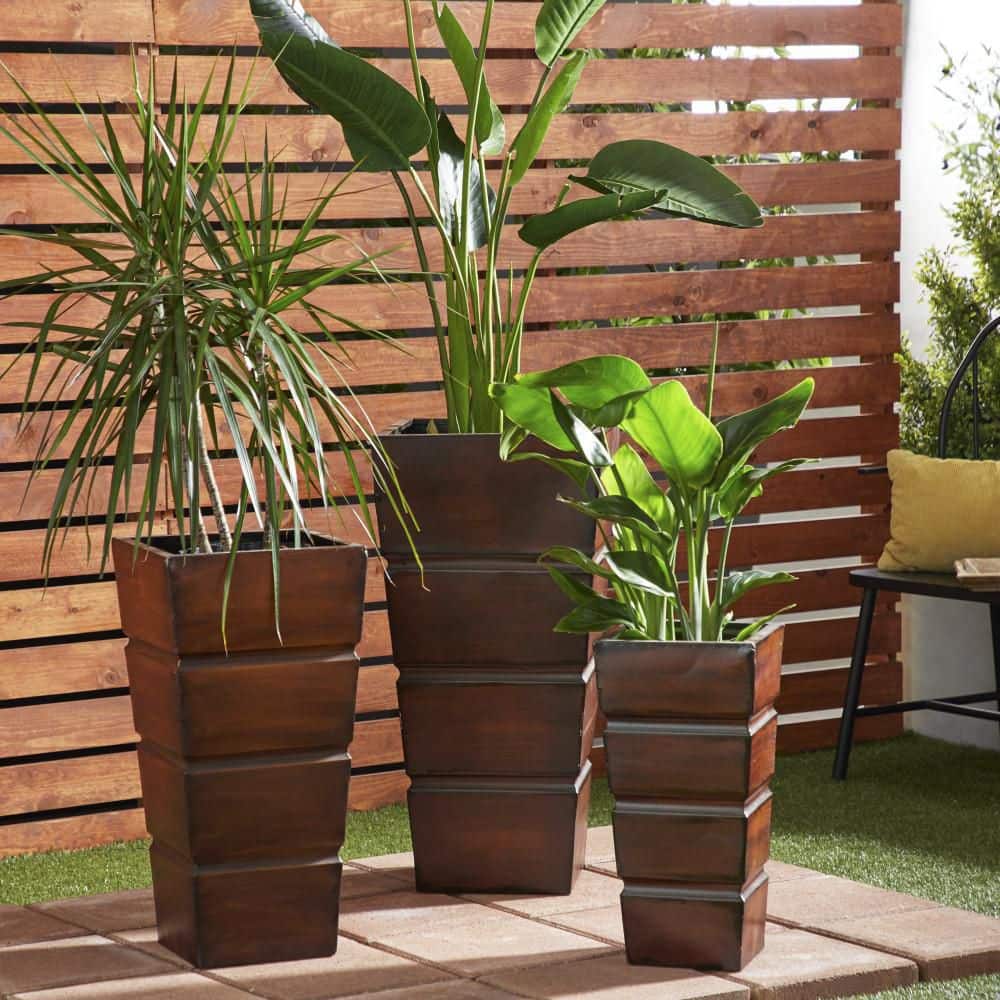 Set of 3 Brown Metal Rectangular Planters with Tapered Base