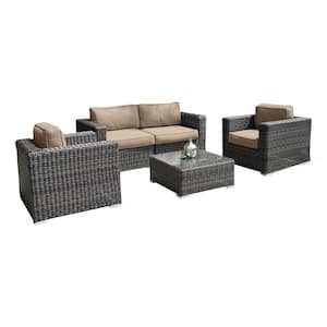 5-Piece Aluminum Outdoor Patio Sectional Set with Solid Cushions, 2 Club Chair, Coffee Table, Beige and Brown