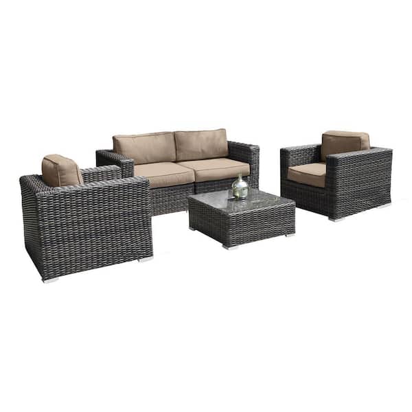 SIMPLE RELAX 5-Piece Aluminum Outdoor Patio Sectional Set with Solid Cushions, 2 Club Chair, Coffee Table, Beige and Brown