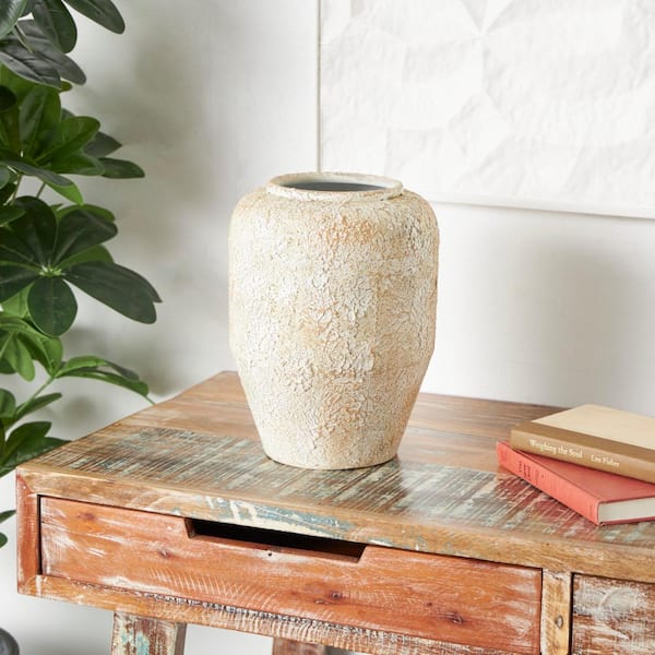 Litton Lane 12 in. Beige Handmade Antique Style Distressed Metal Decorative Vase