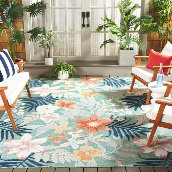 Cabana Green/Rust 8 ft. x 8 ft. High-Low Floral Leaf Indoor/Outdoor Square Area Rug