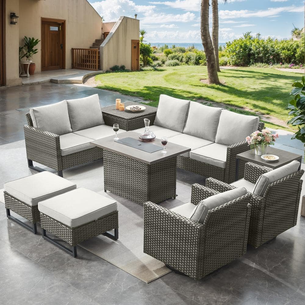 U-Frame 9-Piece Gray Wicker Fire Pit Conversation Set with Olefin Beige Cushions and Sectionsal Sofa/Swivel Gliders price history on PriceWatchPro