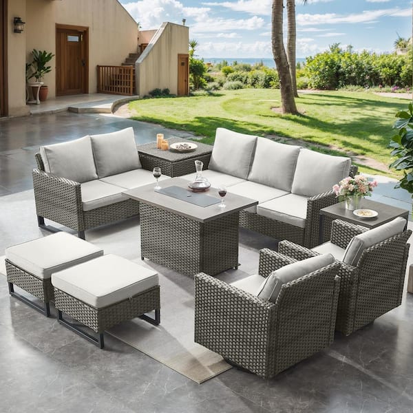 9-Piece Gray Wicker Fire Pit Conversation Set with Olefin Beige Cushions and Sectionsal Sofa/Swivel Gliders