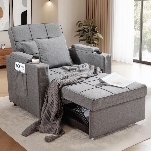 ComHoma Pull Out Sleeper Bed Grey Convertible Armchair Bed with Cup Holders Adjustable Bedframe 3-in-1 Futon Chair Bed