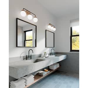 Cafe 21.75 in. W 3-Light Satin Brass Vanity Light with Etched/White Glass Shades and Matte Black Frame Accents