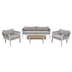 4-Piece Brown Rope Outdoor Patio Conversation Set with Coffee Table and Grey Cushions