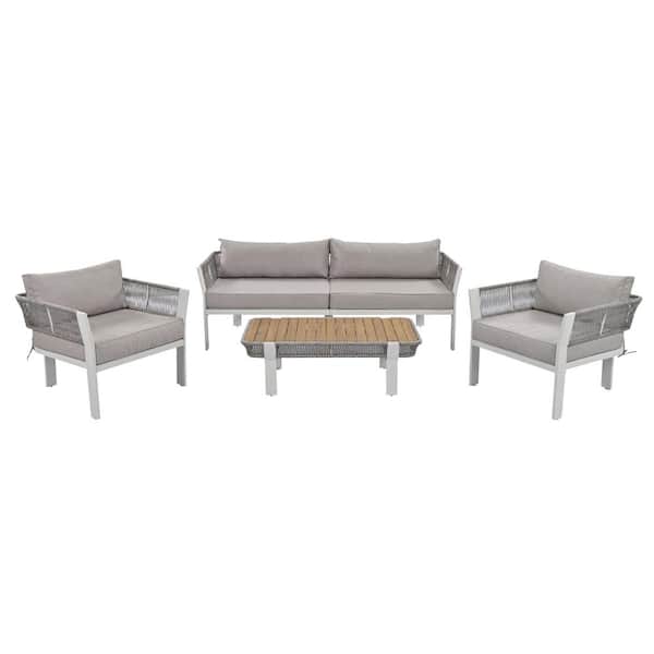 Boosicavelly 4-Piece Brown Rope Outdoor Patio Conversation Set with Coffee Table and Grey Cushions