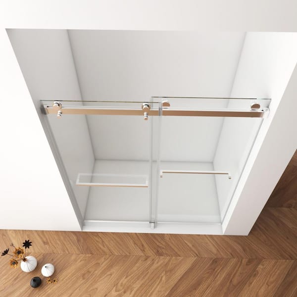 60 in. W x 76 in. H Sliding Aluminum Frameless Shower Door in Brushed Nickel with Clear Easy Clean Coat Tempered Glass