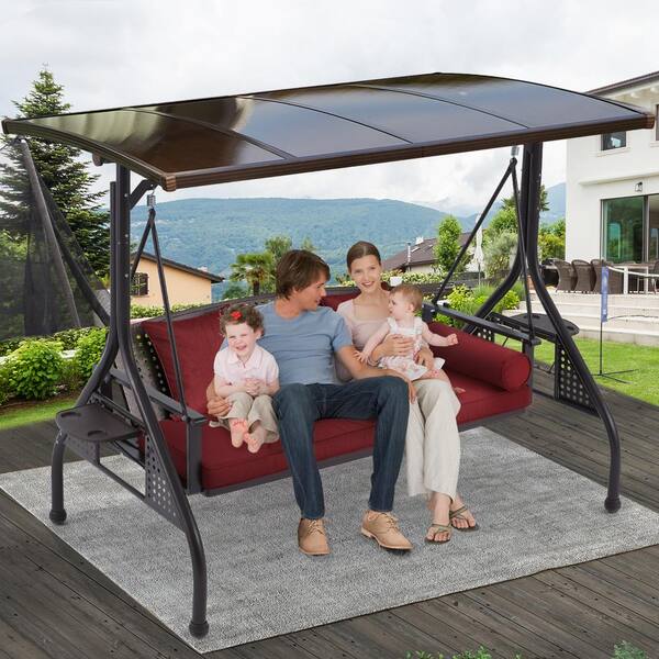 3-Person Brown Metal Iron Patio Swing with Red Cushions, Canopy