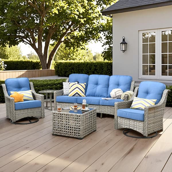 Blanche 5-Piece Wicker Patio Conversation Seating Sofa Set with Blue Cushions and Swivel Rocking Chairs