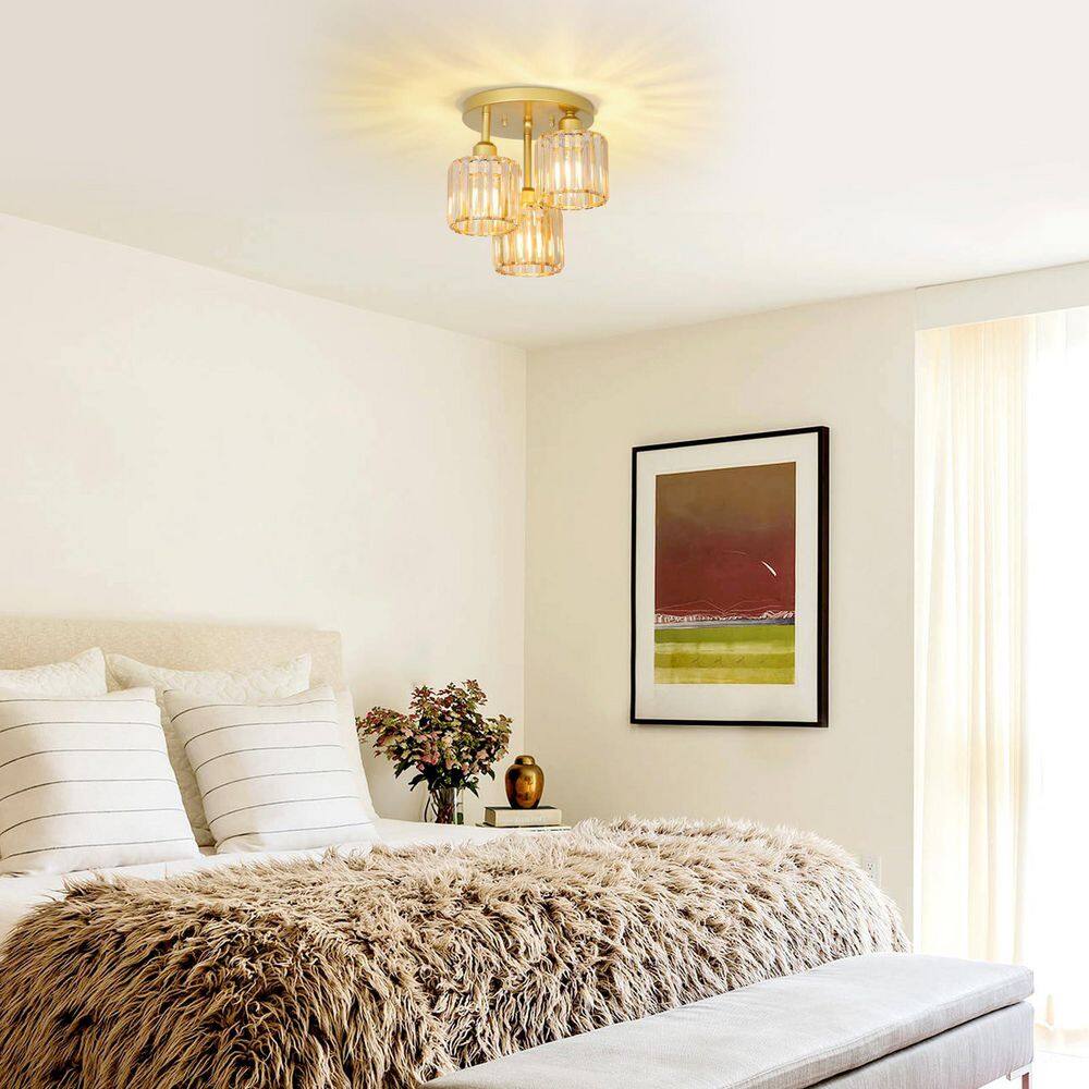 BeamBox 9.8 in. Gold 3-Light Crystal Semi-Flush Mount Ceiling