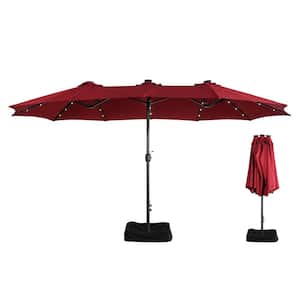 15 ft. Steel Market Outdoor Patio Umbrella in Red with Base and Solar Lights