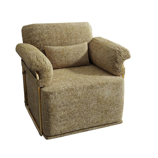 360° Square Swivel Accent Sofa Chair, Fluffy Fabric Lounge Upholstered Reading Chair with Gold Metal Legs, Brown