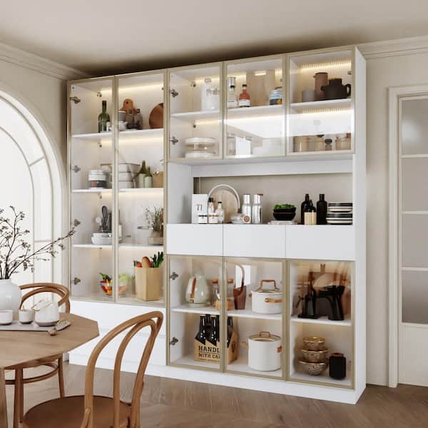 White Wood 78.7 in. W Buffet Food Pantry W/Hutch, Glass Doors, Multiple Shelves, LED Lights (14.2 in. D x 78.7 in. H)