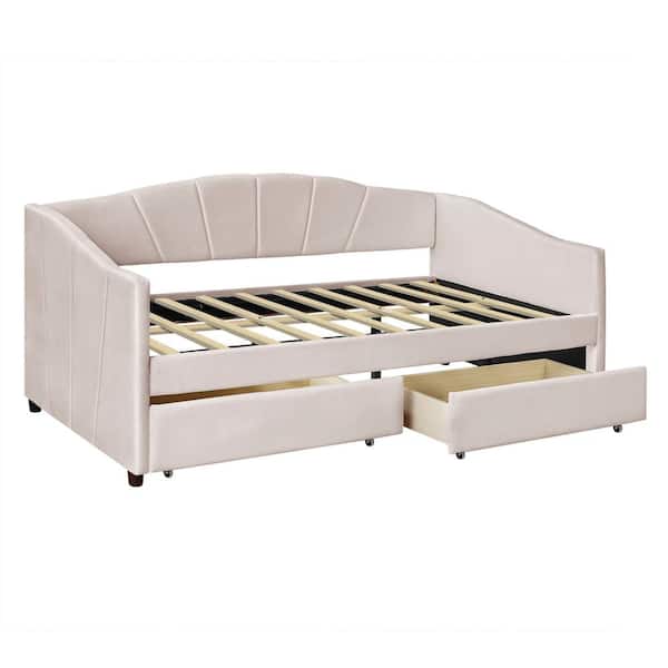 Angel Sar Beige Modern Twin Size Upholstered Daybed with Two Drawers and Wood Slat Suppot