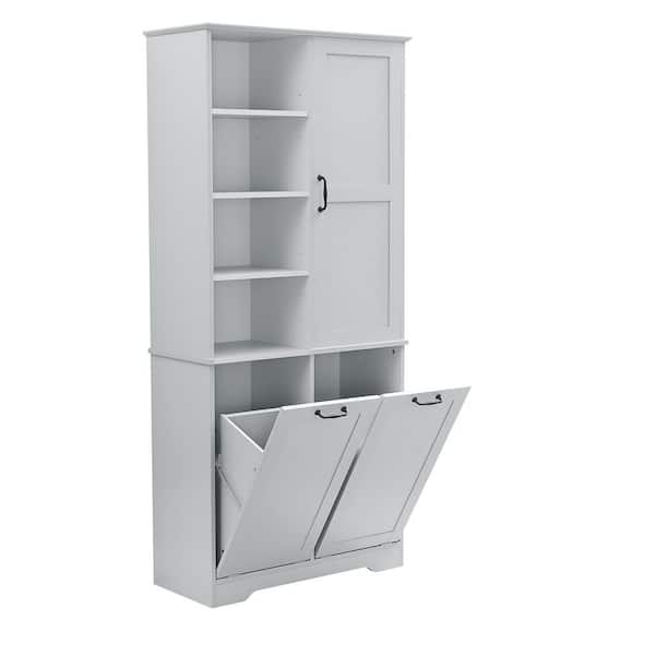 31 in. W x 14 in. D x 68 in. H Freestanding Gray Linen Cabinet with Tilt-Out Laundry Hamper, Adjustable Shelf