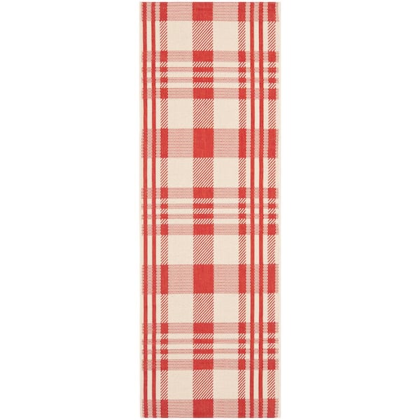 Courtyard Red/Bone 2 ft. x 14 ft. Striped Indoor/Outdoor Patio  Runner Rug