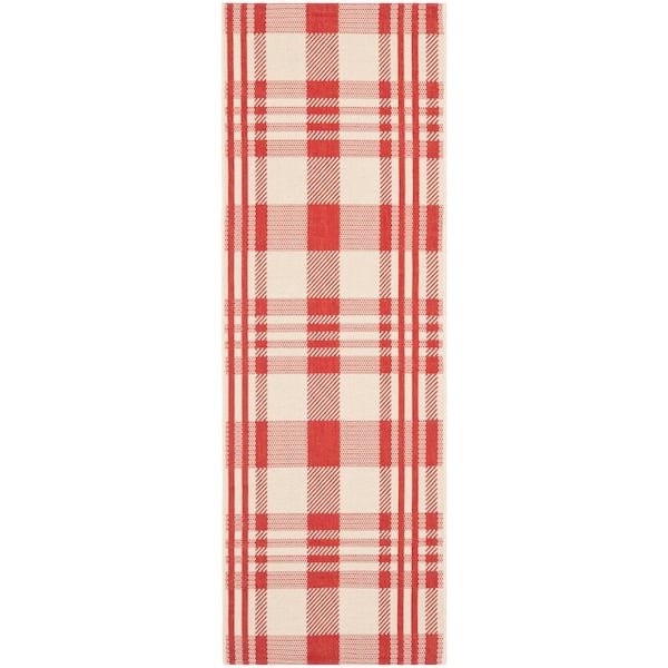 SAFAVIEH Courtyard Red/Bone 2 ft. x 8 ft. Plaid Indoor/Outdoor Patio  Runner Rug