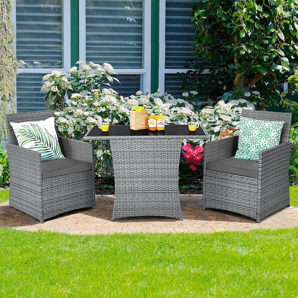 3-Pieces Patio Wicker Patio Conversation Set with Gray Cushions Sofa Armrest Garden