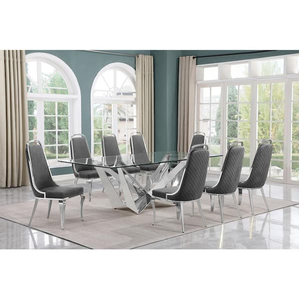 Best Quality Furniture Meryl 9-Piece Rectangular Glass Top Stainless Steel Base Dining Set With 8-Dark Grey Velvet Chrome Iron Legs Chairs