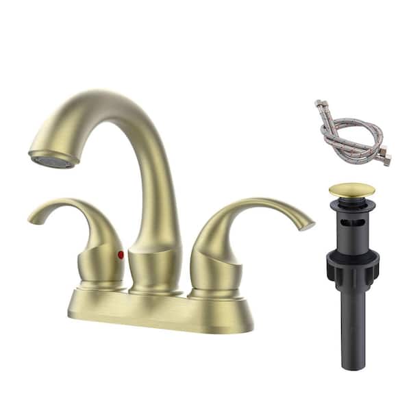 AIMADI 4 in. Centerset Double Handle High Arc Bathroom Faucet with Pop-Up Drain Brass 3 Hole Bathroom Sink Taps in Brushed Gold