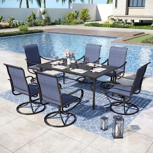 Black 7-Pieces Metal Outdoor Patio Dining Set with Rectangle Table and Padded Blue Texitilene Swivel Chairs