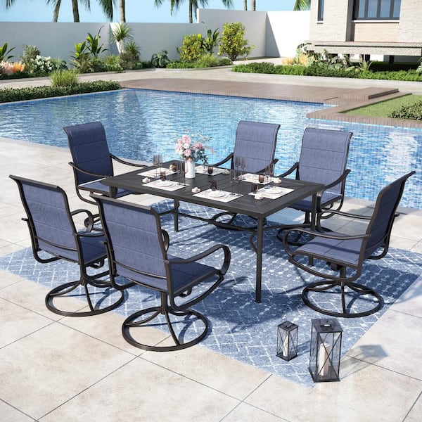 PHI VILLA Black 7-Pieces Metal Outdoor Patio Dining Set with Rectangle Table and Padded Blue Texitilene Swivel Chairs