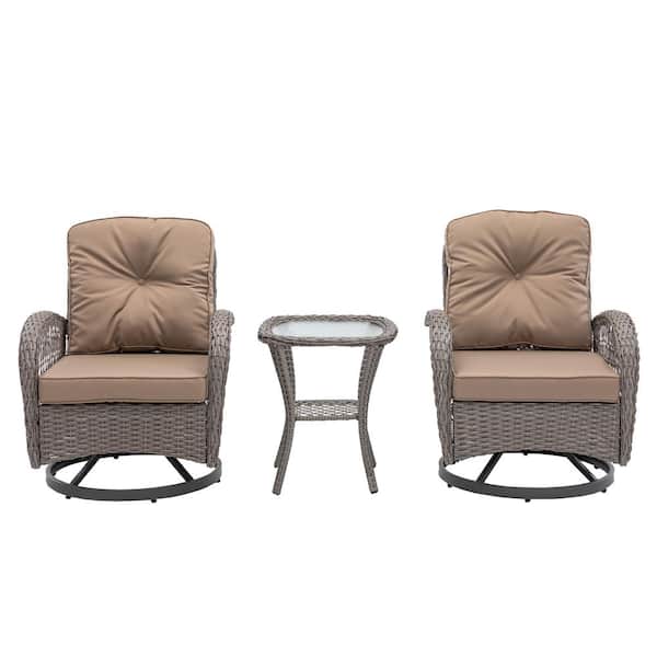 FIROMO 3-Piece Wicker Outdoor Rocking Chair with khaki Cushion (2-Chairs, 1-Glass Coffee Table), 360° Swivel