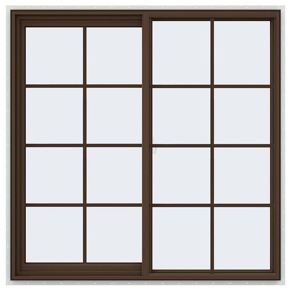 JELD-WEN 47.5 in. x 47.5 in. V-2500 Series Brown Painted Vinyl Left-Handed Sliding Window with Colonial Grids/Grilles