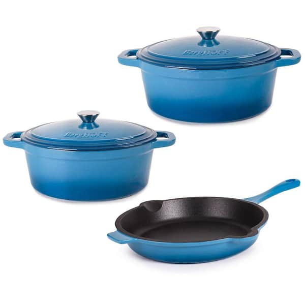 BergHOFF Neo 5-Piece Cast Iron Oval Dutch Oven Set with 10 in. Fry Pan, 5 qt. and 8 qt., Blue