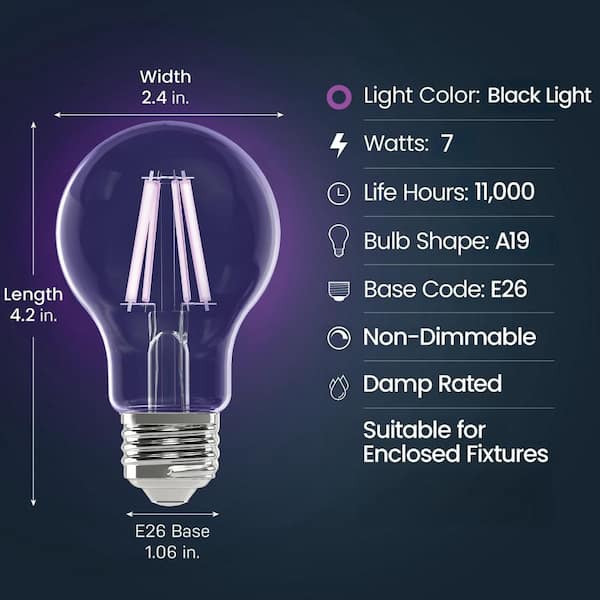 7-Watt A19 Glass Black Light Party E26 Medium Base LED Light Bulb (6-Pack)
