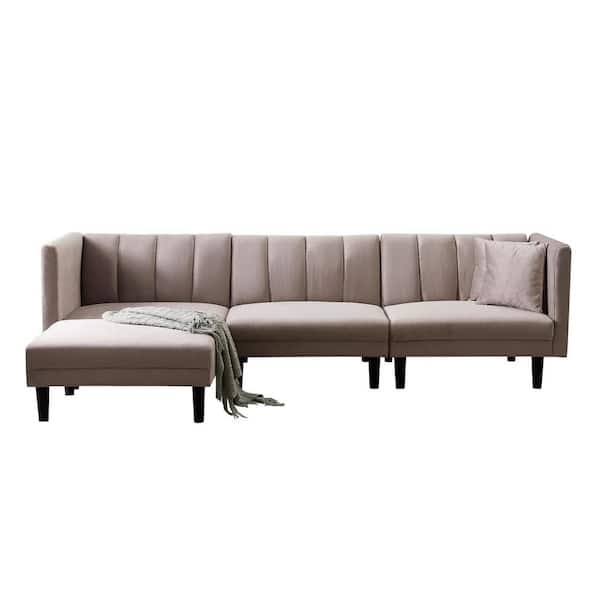 ANGELES HOME 106.7 in. W Light Gray 3-Seater Velvet L-Shaped Reversible Sectional Sofa Convertible Sleeper Sofa Bed with Pillows