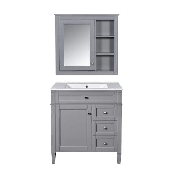 30 in. Single Sink Freestanding 2 Drawers and a Tip-Out Drawer Gray Bath Vanity with White Ceramic Top Mirror Cabinet