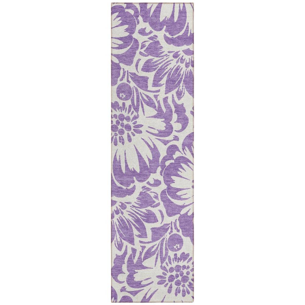 Purple Floral Machine Washable Indoor/Outdoor Runner Rug