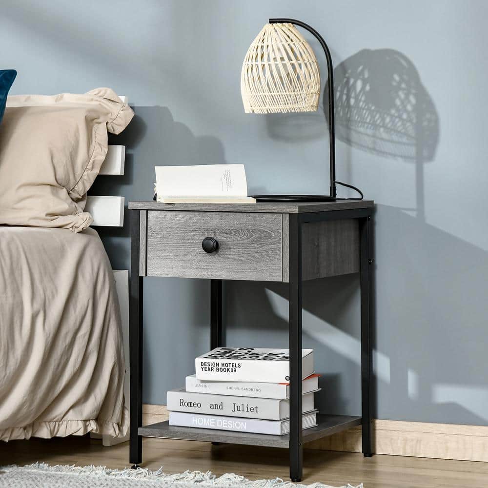 Gray Wood and Black Steel Square End Table with Storage