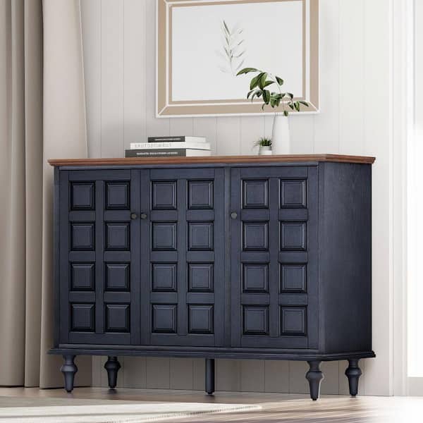 Retro Black 34.65 in. H Storage Cabinet with Plaid Pattern Front