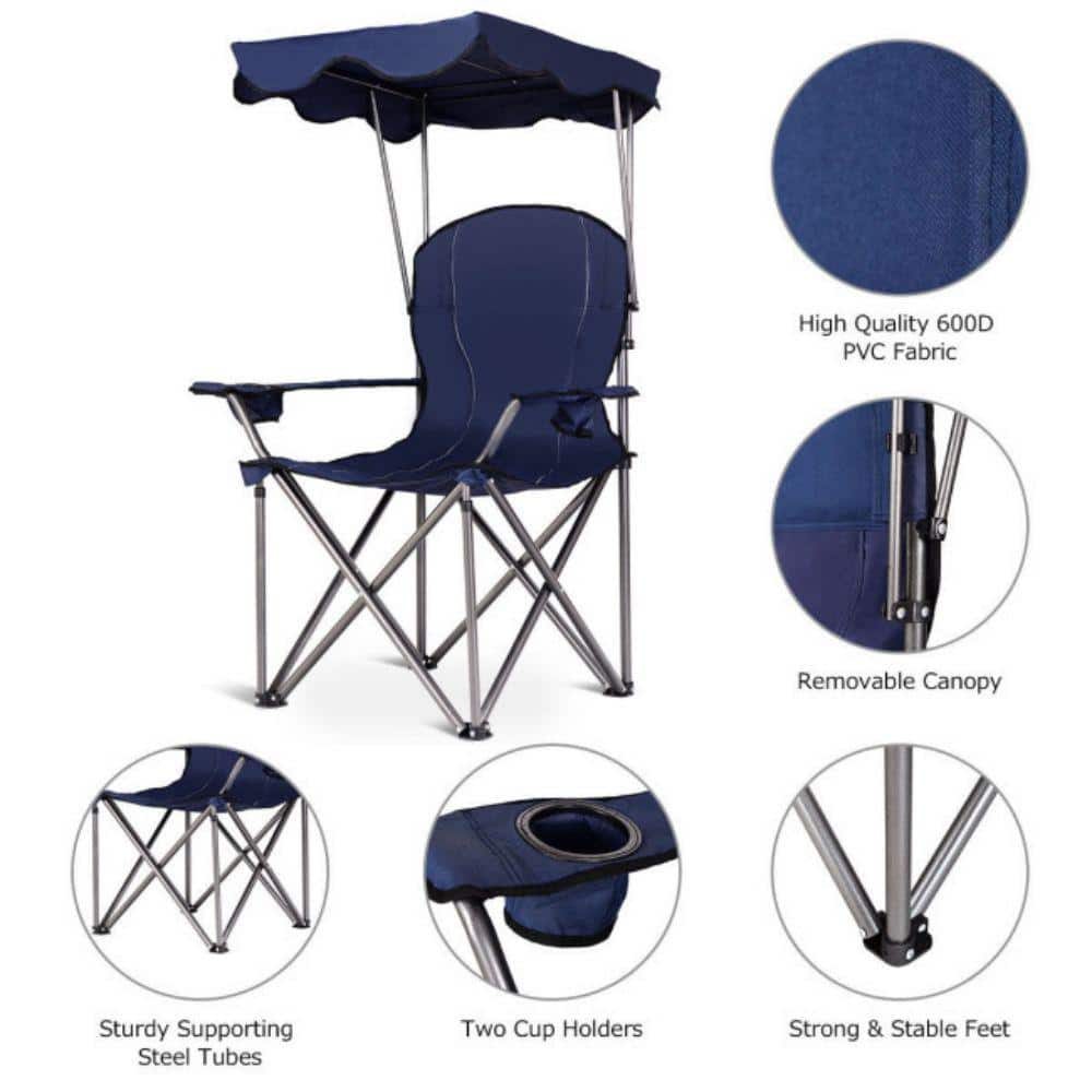 Blue Portable Folding Camping Chair with Canopy and Cup Holders