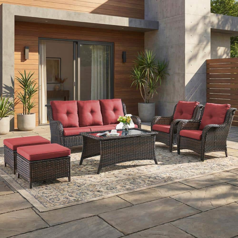 Wellcane 6-Piece Brown Wicker Patio Conversation Set Sofa Set, Coffee Table and Armchairs with Red Cushions price history on PriceWatchPro