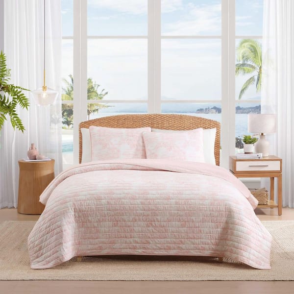 Beach Bluff Toile 3-Piece Pink Cotton King Quilt Set