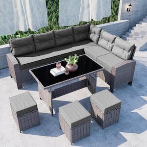 7-Piece Wicker Outdoor Dining Table Set with Ottomans and Cushions Gray