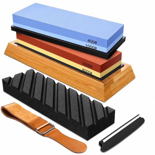 Complete Knife Sharpening Stone Set with Dual Grit Whetstones, Leather Strop, Bamboo Base, Angle Guide