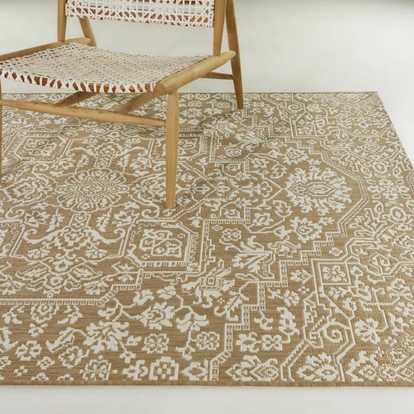 Osprey Brown 8 ft. x 10 ft. Floral Medallion Indoor/Outdoor Area Rug