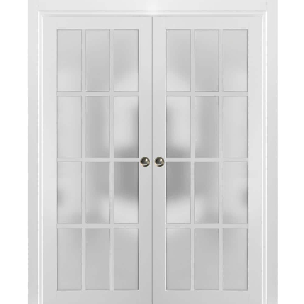 Matte White 64" x 84" French Double Pocket Doors with Frosted Glass