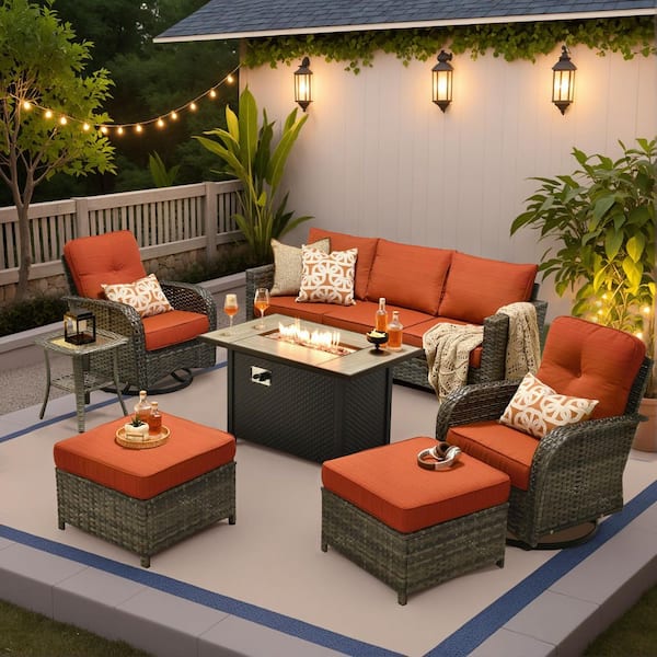 Daphne 7-Piece Wicker Patio Conversation Sofa Swivel Rocking Chairs Set with Metal Fire Pit and Orange Red Cushions