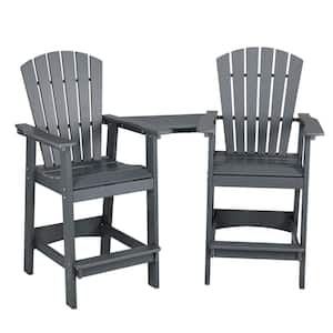 Gray HDPE Plastic Outdoor Adirondack Chair Bar Stools with Connecting Tray Set of 2