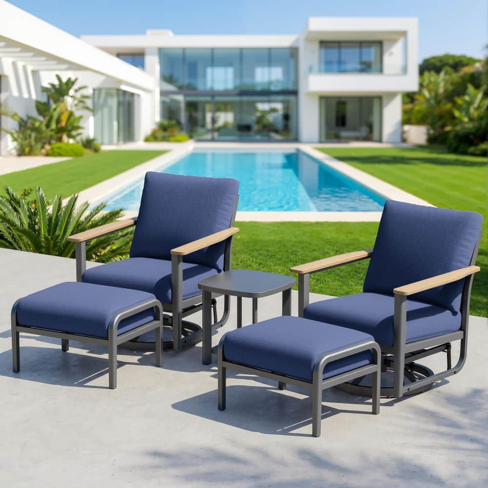 5-Piece Aluminum Outdoor Rocking Chair Set with Ottoman, Side Table and Navy Blue Cushions price history on PriceWatchPro