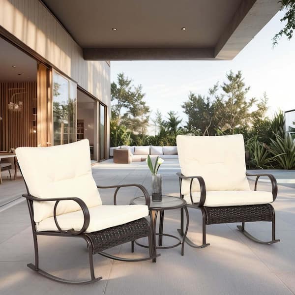 SUNRINX 3-Piece Wicker Patio Conversation Seating Set with Coffee Table with White Cushions