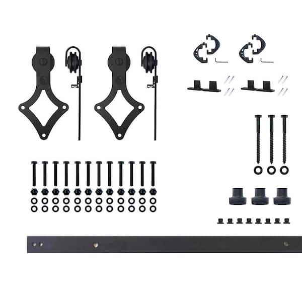 HOMACER 4.5 ft./54 in. Black Rustic Non-Bypass Sliding Barn Door Hardware Kit Diamond Design Roller for Double Doors