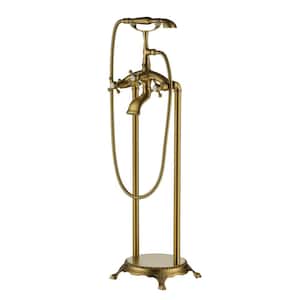 Classic Vintage Floor Mount 3-Handle Freestanding Tub Faucet with Hand Shower and Water Supply Hoses in. Brushed Brass
